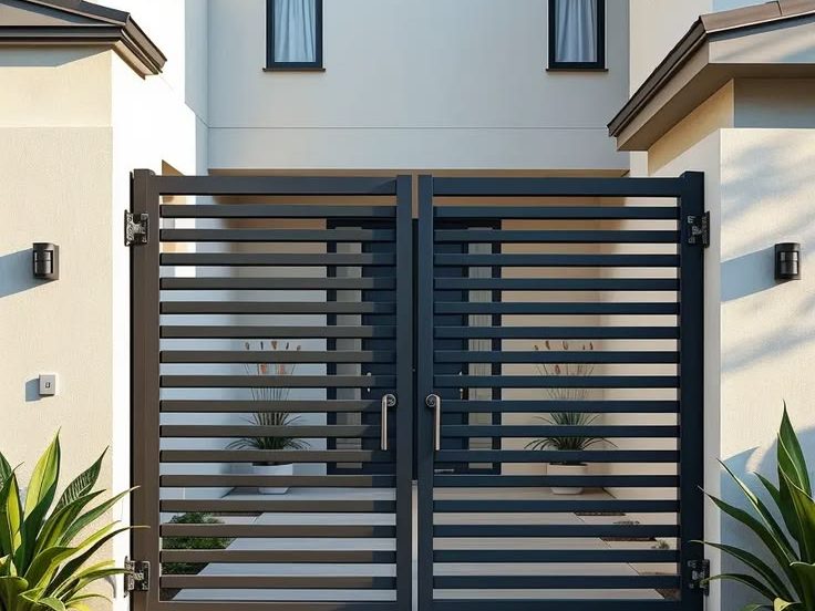 Modern horizontal slat steel double gate by The Classic Forge